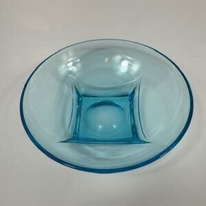 Hazel Atlas Glass Colonial Capri Azure Blue Glass Bowl Smooth Square Base 1960s